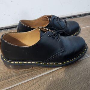 Dr. Martens Black Leather Oxfords with Yellow Stitching